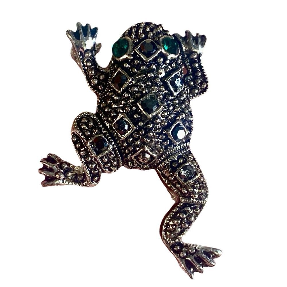 Vintage Silver Tone Harlequin Frog Brooch Pin Black Rhinestones w Green Eyes